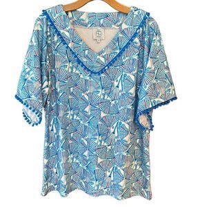 Tracy Negoshian Sz M Blue PomPom Beach Resort Vacation Relaxed Fit Top